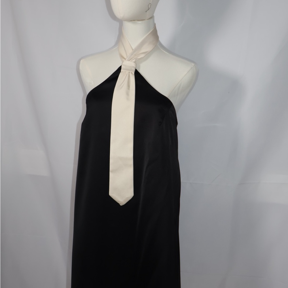 Elegant Black Halter Dress with Cream Tie